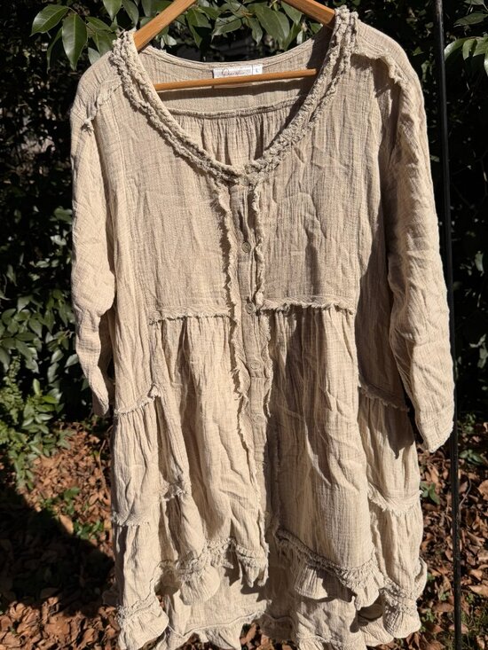 Paper Lace Beige Ruffle Tunic with Pockets L | Boho Layering Top - Picture 1 of 4